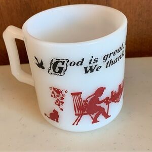 Vintage Hazel Atlas Milk Glass Mug God is Great Prayer Children Red 1950s